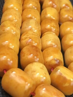 CERTIFIED ANTIQUE GERMAN PRESSED BALTIC AMBER PRAYER BEADS ROSARY 33.B 35 gr. مسباح كهرمان الماني منمش مبرقع