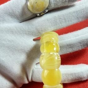 VINTAGE TIGER WHITE NATURAL BALTIC AMBER BRACELET & RING 26gr. اسوار و خاتم كهرمان ابيض تايكر